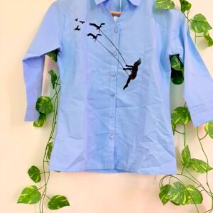 Sky Blue Hand-Painted Cotton Shirt – Flying Girl Artwork
