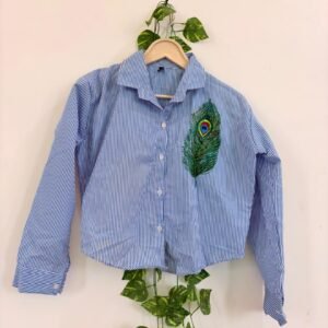 Blue striped shirt with hand-painted peacock feather